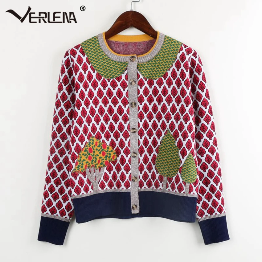 Verlena 2018 Fine Heavy knit Cardigan Autumn Sweater Women Button Placket Trees Embroidered 