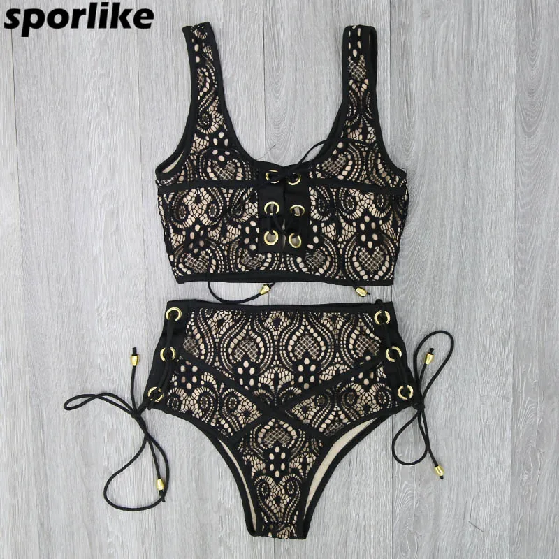 Sporlike Blcak White Lace High Waist Swimsuit Bikini Set 2017 Sexy Solid Bikinis Women Push Up Swimwear Banting Suit Swim Sporlike Blcak White Lace High Waist Swimsuit Bikini Set 2017 Sexy Solid Bikinis Women Push Up Swimwear Banting Suit Swim