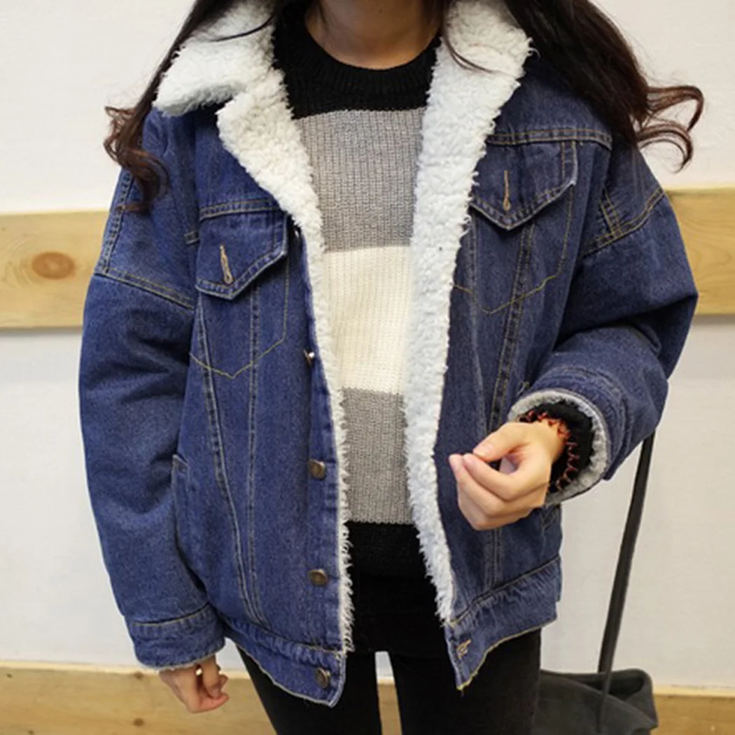 Korean Fashion Women Jean Coat Lambswool Thicken Warm