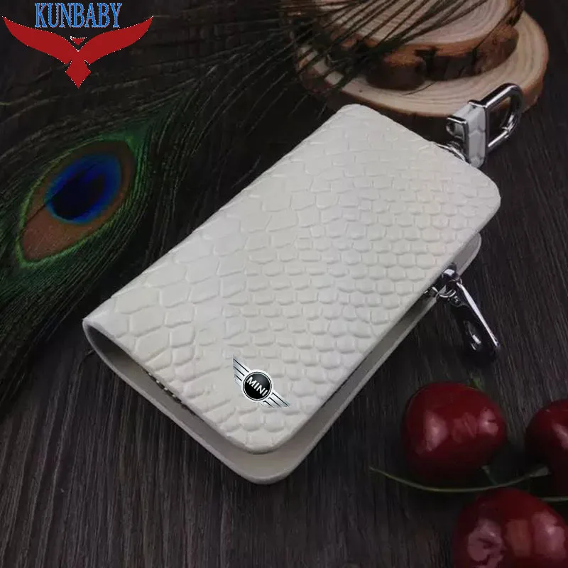 

KUNBABY Car Accessories Snakeskin Leather Car Key Remote Cover Case Holder Car Key Case Wallet Bag Ring Keychain For Mini Cooper
