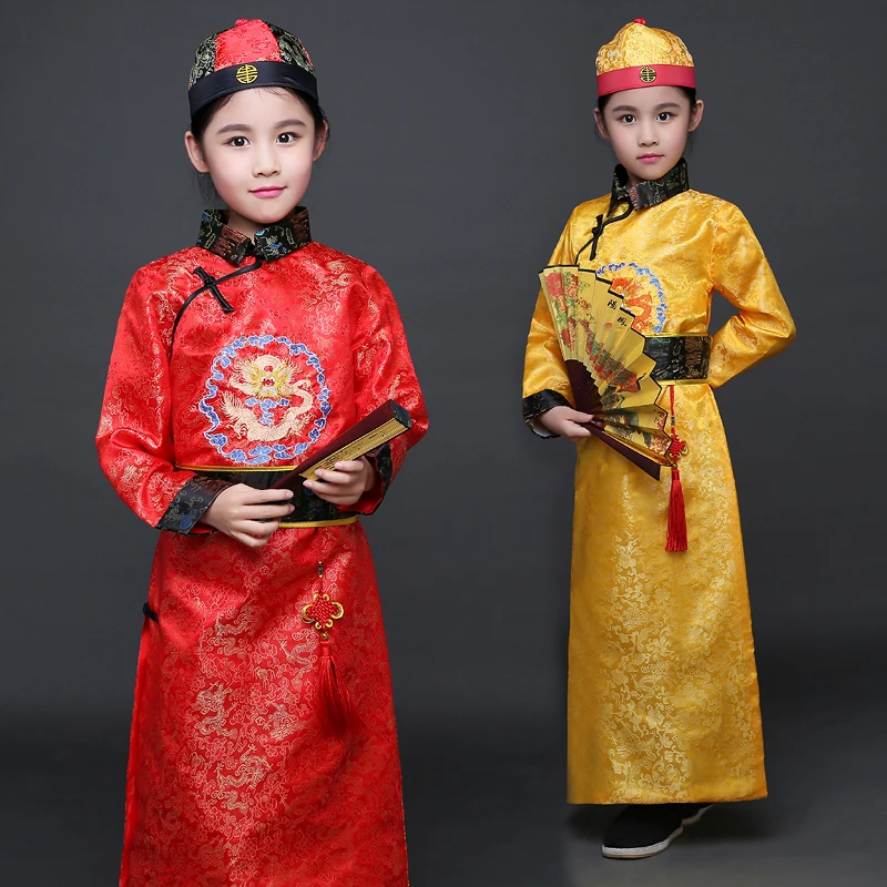 

The Qing Dynasty Costume Boy Child Chinese Hanfu Prince Gown Robe with Hat Embroidered Dragon Chinese Traditional Costume 18
