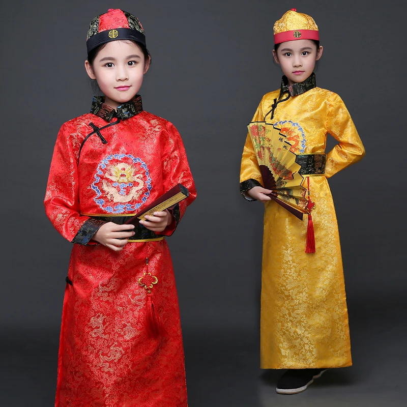 청나라 의상 소년 아동 중국 Hanfu 프린스 가운 로브 모자 자수 드래곤 중국 전통 의상 18