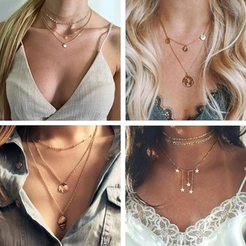 

Tenande Multi Layer Big Statement Stright Bird Moon Leaves Stars Necklace Women Clavicle Chain Jewelry Femme Bijoux Colliers