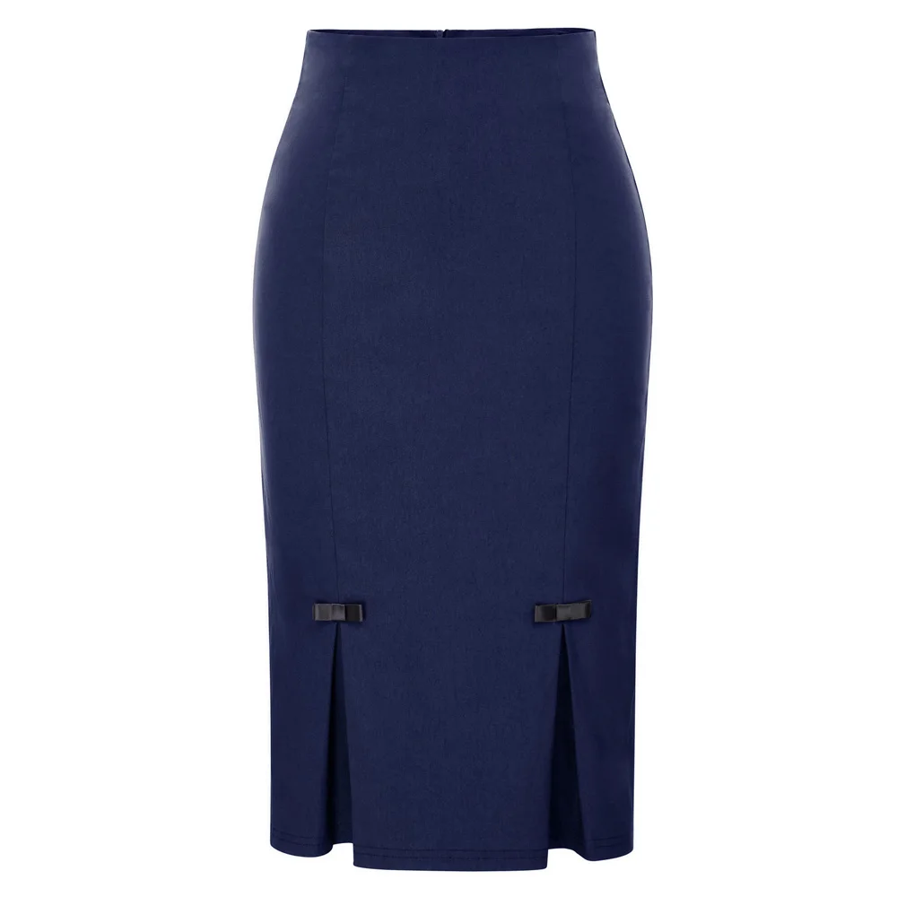 OL Женская винтажная юбка-карандаш в стиле ретро с бантиком и разрезом, одноцветная облегающая юбка до колен, осенняя деловая Офисная Рабочая Юбка - Цвет: Navy Blue