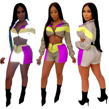 

Fashion Tracksuit Women Reflective Two Piece Set Drawstring Crop Top and Shorts Set Jogging Outfit Sweat Suits Women Set Clothes