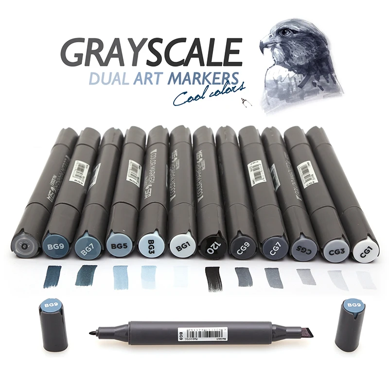 

Dainayw 12 Cool Grey Colors Marker Pen Grayscale Dual Head Art Markers Set for Manga Design Drawing School Student Supplies