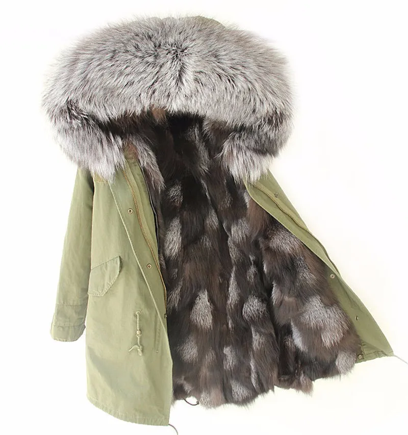 Плюс большой воротник из меха енота с капюшоном из натурального Лисьего меха женские парки верхняя одежда 2 в 1 съемная зимняя куртка с