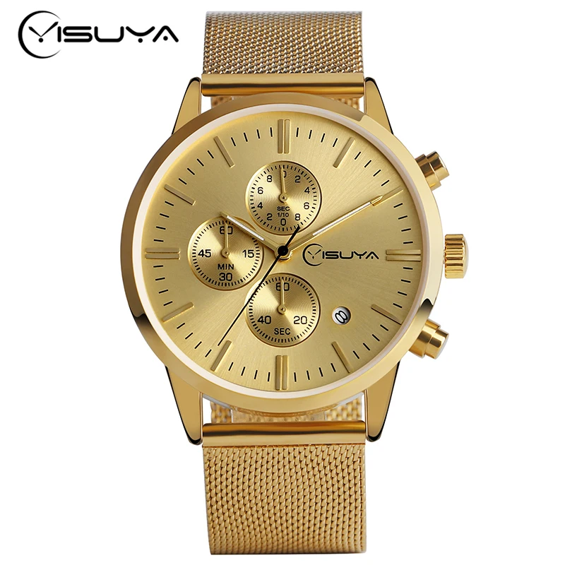 

YISUYA Luxury Gold Men's Chronograph Watches Formal Business Dress Quartz Wrist Watch Modern Auto Date Display Relogio Masculino