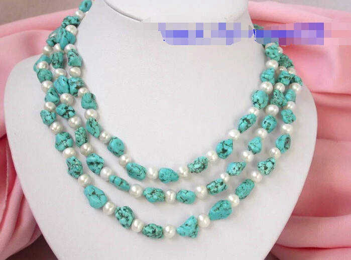 

Fast SHIPPING N641 BEAUTIFUL 3strand white pearls&turquoise necklace (A0326)