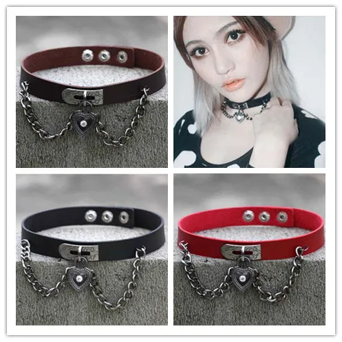 Heart Tassel Choker Necklace For Women Gothic Punk Style Alloy Black Coffee Red Pu Leather Choker Collar Fashion Jewelry