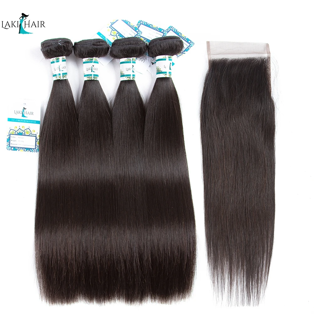 Связки с закрытием перуанский прямые Волосы remy 4 4*4 закрытия шнурка естественный