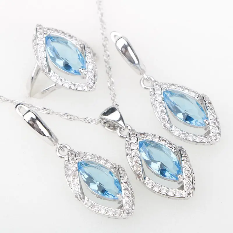 

Sky Blue CZ Silver 925 Costume Jewelry Sets Eyes Pendant Necklace Rings Earrings With Stones Women's Jewelery Set Free Gift Box