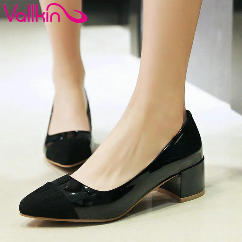 

VALLKIN 2017 Mixed Color Square Med Heel Woman Pumps Slip on Spring Autumn Women Shoes PU Elegant Wedding Shoes Big Size 34-43