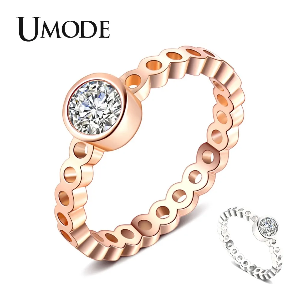 UMODE New Big CZ Crystal Hollow Rings for Women Clear Round Zircon Rose&ampWhite Gold Jewelry Bezel Setting AUR0463 | Украшения и