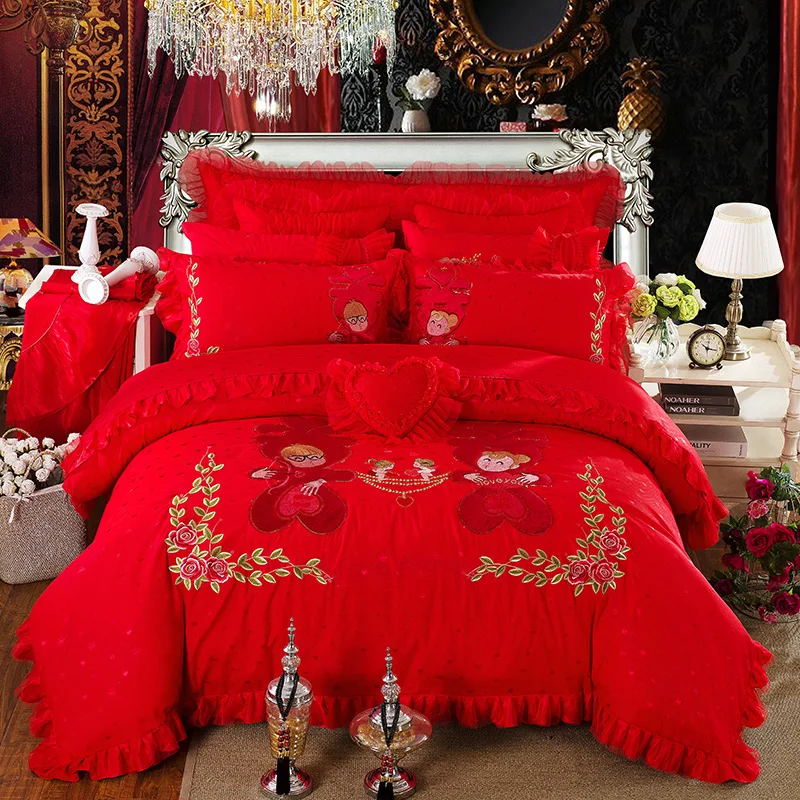 Free Shipping wholesale Korean applique embroidery ruffle lace wedding bedding set 4pcs bedspread full/queen/king size | Дом и сад