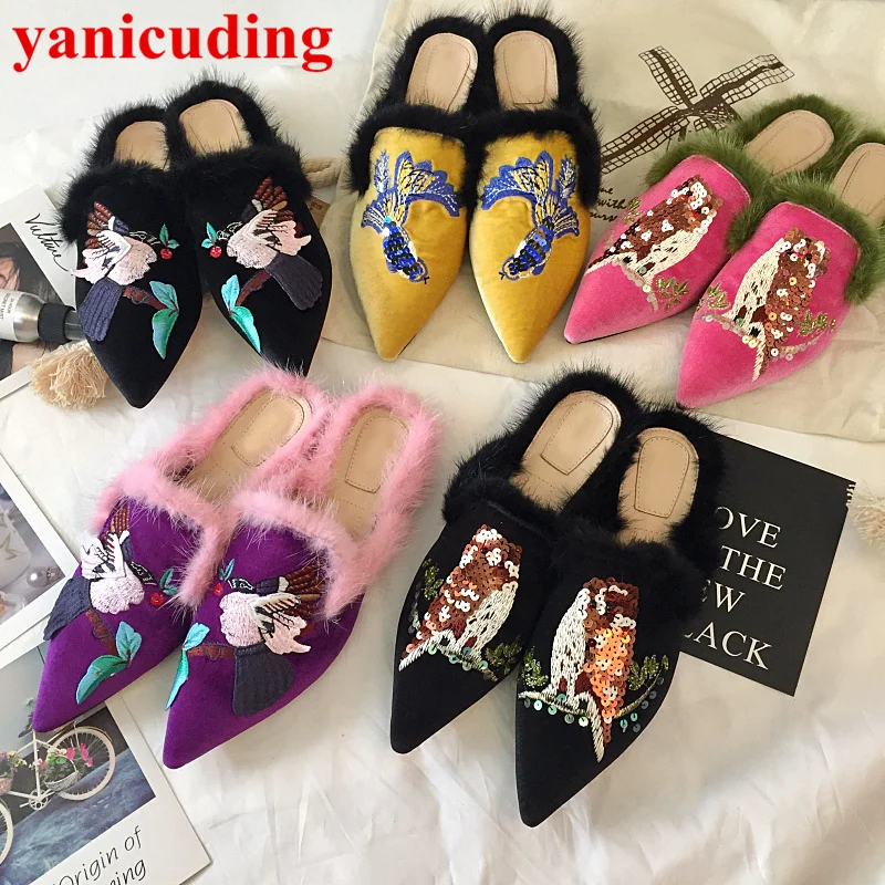 

Fur Decor Animal Print Embroidered Women Slipper Sequined Cloth Embellished Low Heel Shoe Pointed Toe Spring Brand Runway Slides