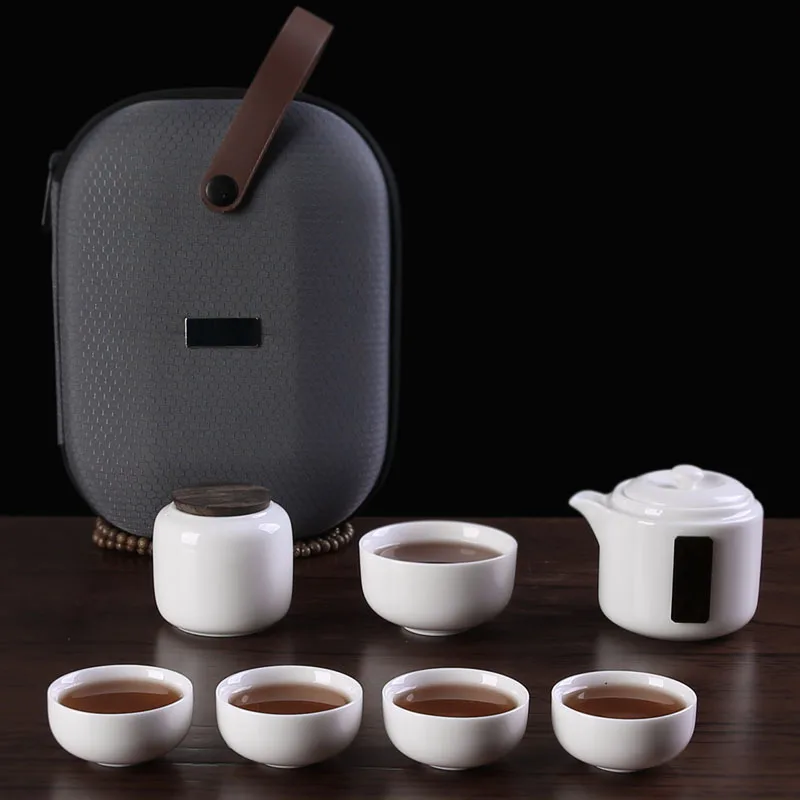 Китайский дорожный чайный набор кунг-фу керамический портативный чайник фарфоровый чайный сервиз гайванские чашки для чая церемонии чая чайник с сумкой для путешествий - Цвет: Слоновая кость