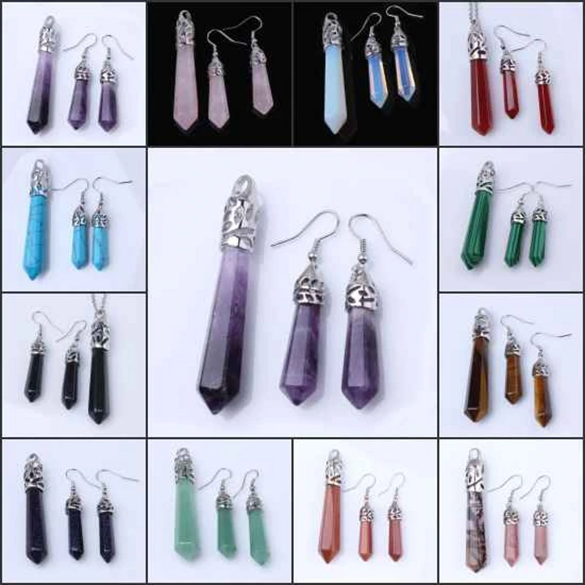 KFT Random 10 Sets Mixed Quartz Crystal Stone Hexagon Prism Pendulum Pendant Dangle Hook Earrings Fashion Jewelry | Украшения и