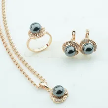 FJ נשים שחור סימולציה צלצול עגילי טבעות תליון 585 זהב צבע קריסטל סט תכשיטים + אופציונלי שרשרת(China)