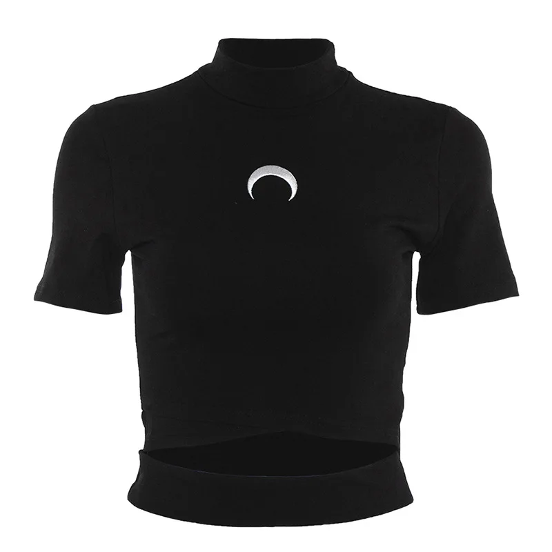 Женская футболка с изображением ведьмы и Луны, готические футболки, топы с вышивкой в виде полумесяца, футболки пастельного готического стиля, хлопковая короткая футболка - Цвет: Black T-Shirt