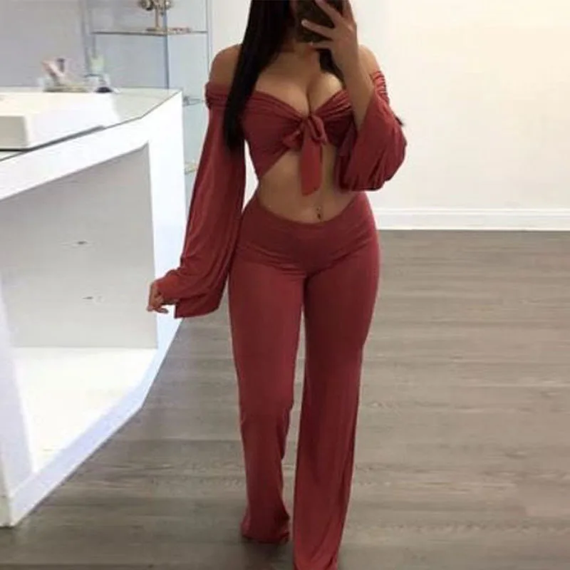 Sexy Deep V Cropped Tops Full Pants 2 Pieces Outfits Women Set Rompers Womens Jumpsuit (3)