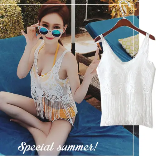 

New Women White Tassel Beach Cover Up V-neck See Trough Crochet Crop Top Summer Bathing Suit Beach Bra Vest Tank Tops
