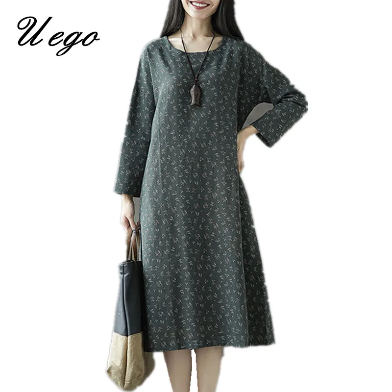 

Uego Cotton Linen Fashion Printing Floral Dress Plus Size Long Sleeve Spring Dress 2019 New Women Casual Midi Dress Vestidos