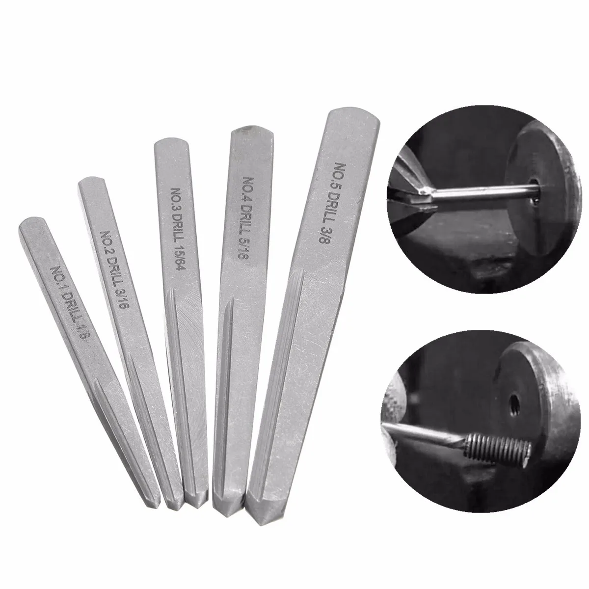 

5Pcs Square Flute Design Chrome Vanadium Steel Screw Extractor Easy Out Set Drill Bits Guide Broken Damaged Bolt Remover