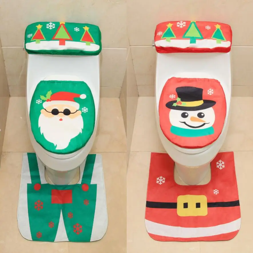 Santa Snowman Claus Merry Christmas Toilet Seat Cover set Navidad Rug