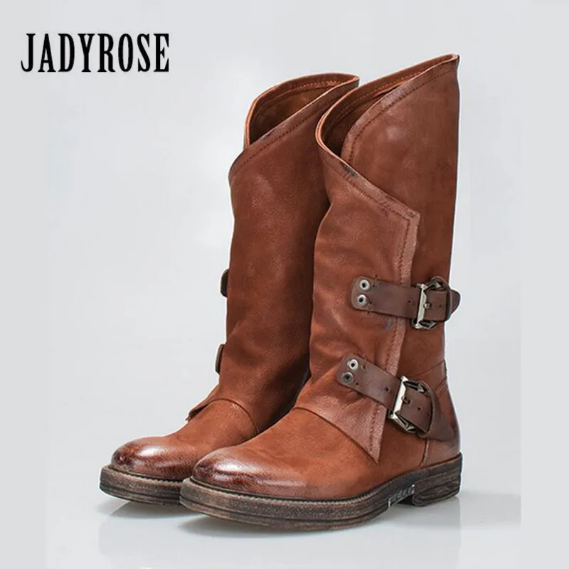 Jady Rose Brown Women Mid-Calf Boots Buckles Flat High Boots Genuine Leather Platform Botas Mujer Rubber Martin Boot Shoes Woman