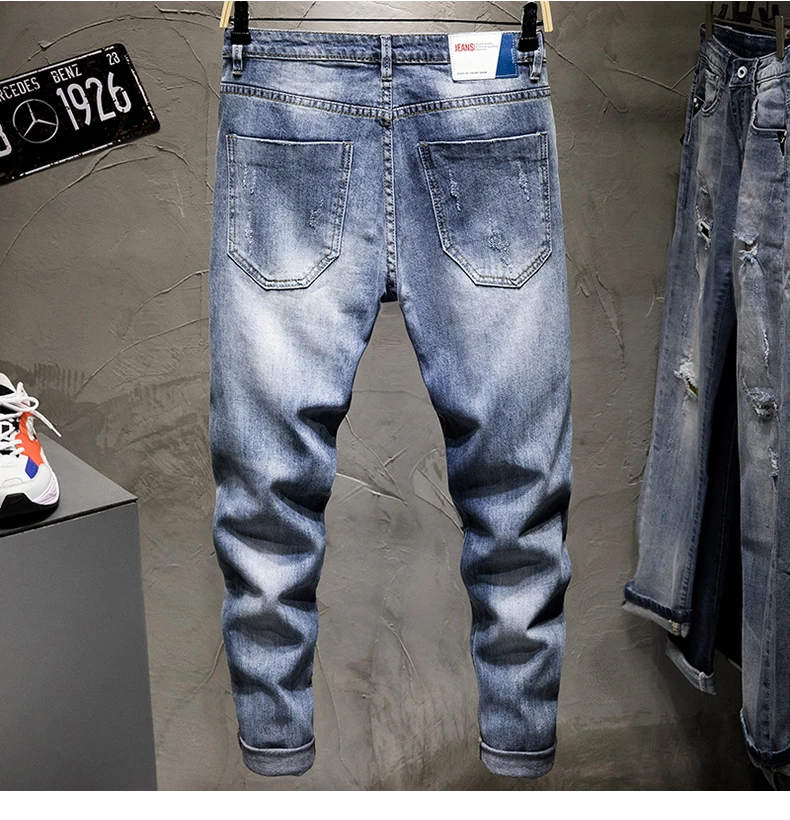 KSTUN Ripped Jeans Men Cropped Jeans Blue Stretch Tapered Distressed Patchwork Frayed Cowboys Denim