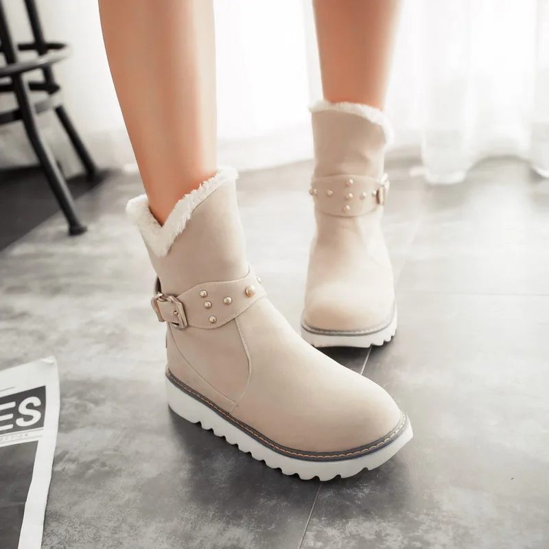 

winter women boots with fur female fashion boots Frosted fabric plush lining warm belt buckle ladies shoes scarpe donna NA289