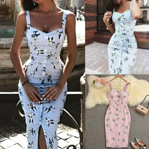 

2019 Fashion Women Sleeveless Button Bodycon Floral Sundress Party Dress Midi Dress