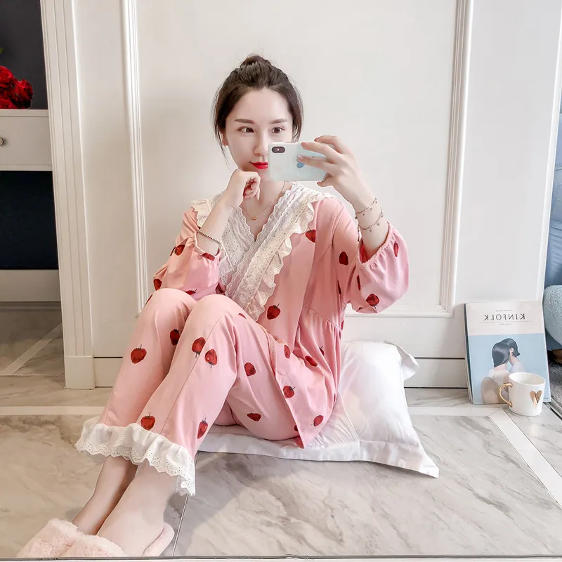 

Princess sweet lolita pajamas Summer and autumn strawberry pajamas women's cotton kimono court lace cute pajamas MHH NK095