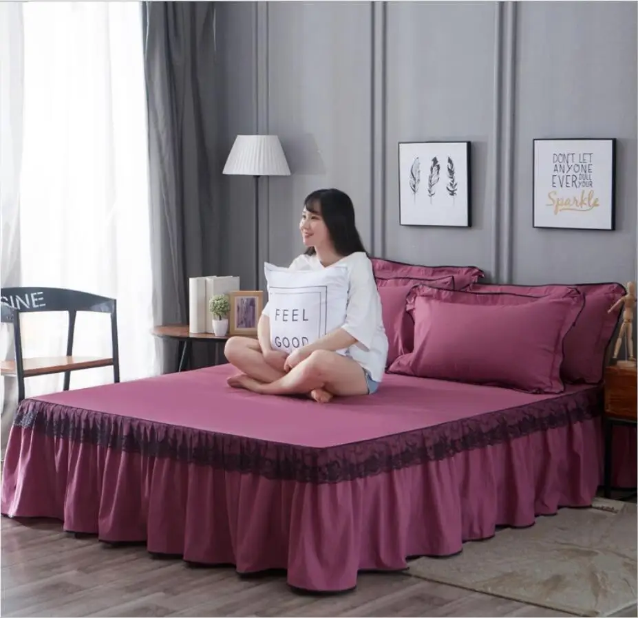 Black Lace Bed Skirt Pillowcases Solid color Bedding Princess Bedspread