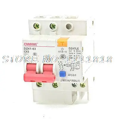 

DIN Rail Mount Two Poles Miniature Circuit Breaker 400VAC 63A 4500A DZ47LE-63