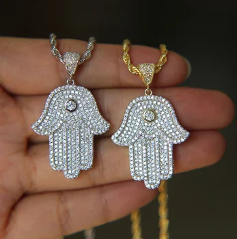

High quality 300+ bling sparking cz stone Fatimas hamsa hand rope chain hip hop bling mens Cool club jewelry necklace