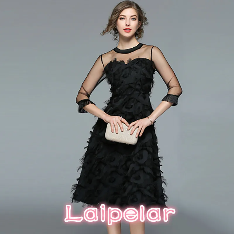 

Three Quarter Sleeve Summer Dress Women Elegant Feathers Ball Gown Dress Sexy Mesh Party Dresses Female vestidos 2XL