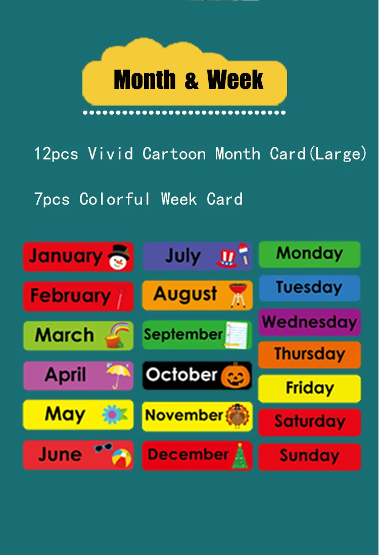 Calendário de Férias Gestão do Tempo Palavra para Crianças Data Mês Parede Tempo Solar Termo Crianças Aprender Inglês Cartões Bebê 148 Pçs - Set 7 Home & Garden