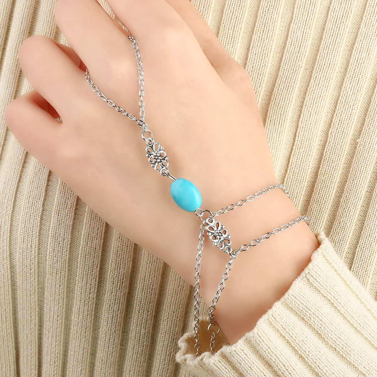Trendy Chain Bracelet Drop Punk Silver Plated Women Metal Hand Harness Bracelet Natural Stone Beads Slave Chain Boho Jewelry