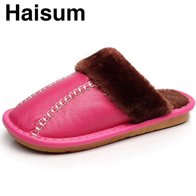 

Woman Slippers Fashion Couple Winter Interior Slip with Wool Warm Leather Slippers HN02