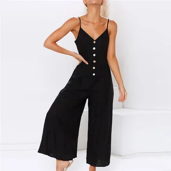 

2019 Spring Summer Newest Fashion Womens Sexy V-Neck Camis Solid Sleeveless Backless Loose Jumpsuit #2019.4.6