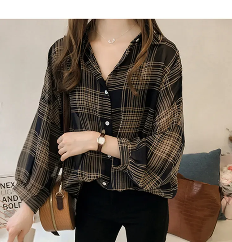 2019 Autumn Chic Plaid Shirts Women Batwing Sleeve Chiffon Blouses Casual Chemise Femme Tops Plus Size Tartan Blusas Mujer (10)