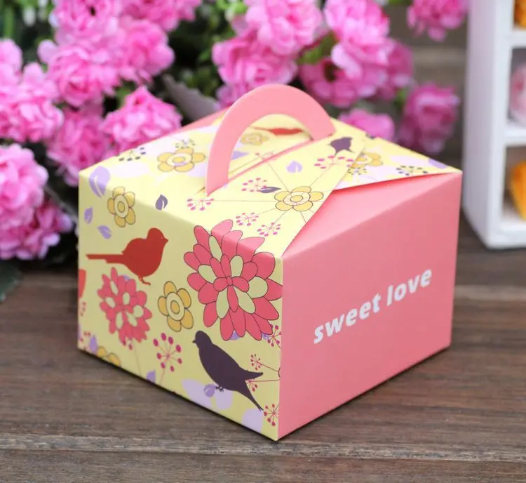 

5PCS/LOT paper flower gift box pink birds Square Wedding Favor Boxes party candy craft kraft sweet lovely cute gift box