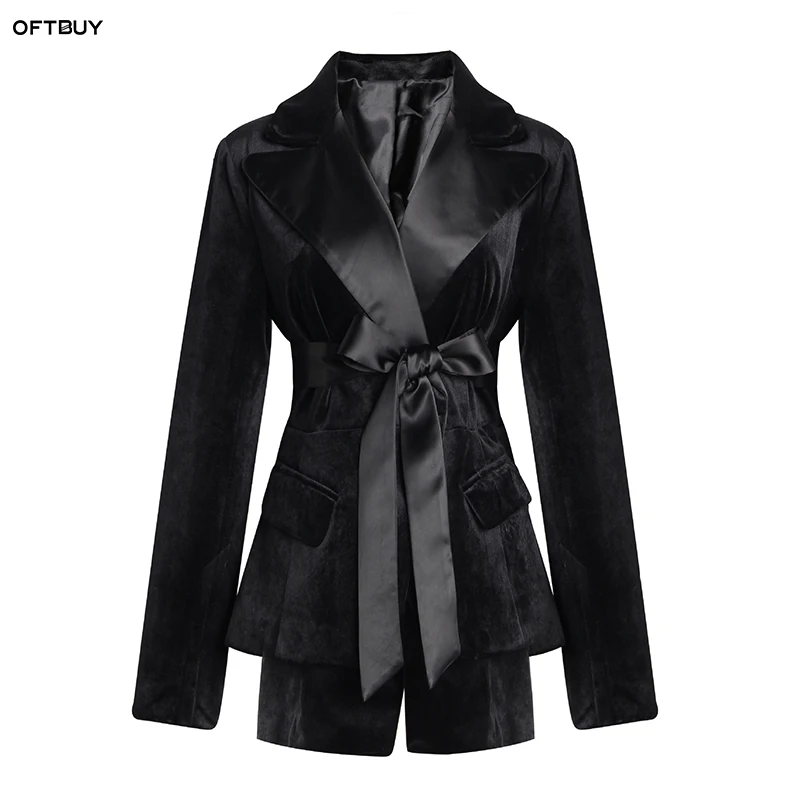 OFTBUY 2019 офисный Женский блейзер feminino Элегантный Черный Длинный женские блейзеры и