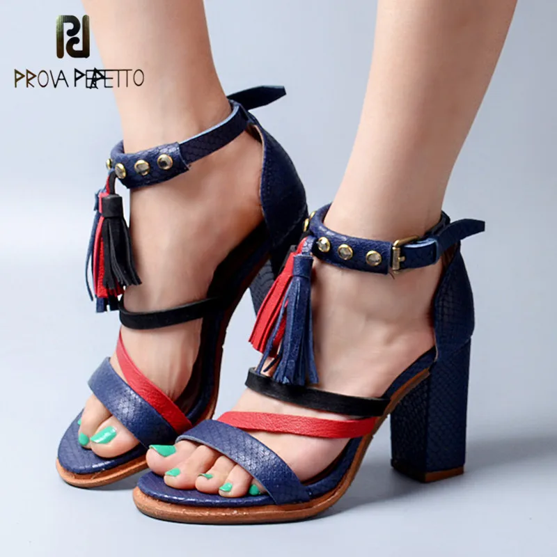 

Prova Perfetto Summer Mixed Color Narrow Band Ankle Buckle Strap High Heel Woman Sandals Peep Toe Fringe Chunky Heel Shoes