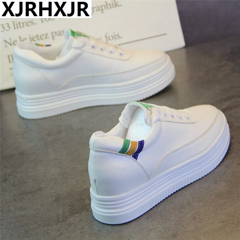 

XJRHXJR New Autumn Concise women platform sneakers shoes woman pu leather lace up white sneakers thick heels casual shoes women