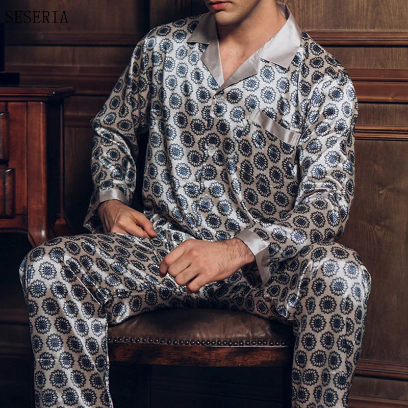 SESERIA Mens Satin Pajamas Set Turn down Collar Pajama Pyjamas Set