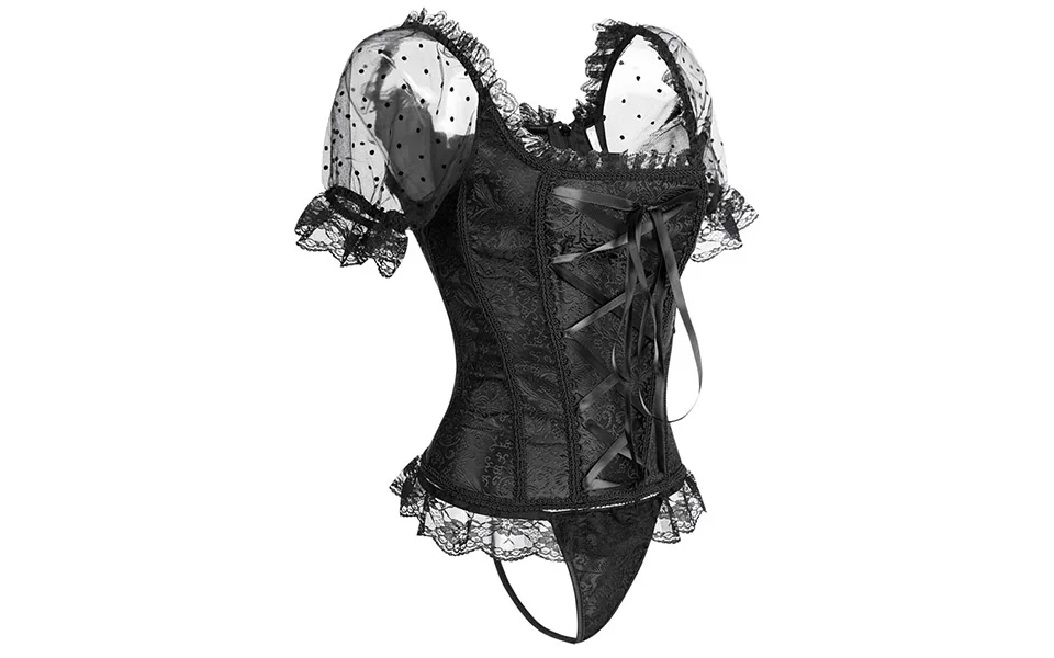 Corset Women Corsets and Bustiers Gothic Lace Up Puff Sleeve Shoulder Straps Brocade Corselet Steampunk Corset Top Black White   (14)