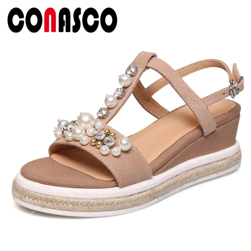 

CONASCO 2019 Summer New Kid Suede Pearl Decoration Women Sandals Fashion Sweet Buckle Women High Heels Casual Shoes Woman
